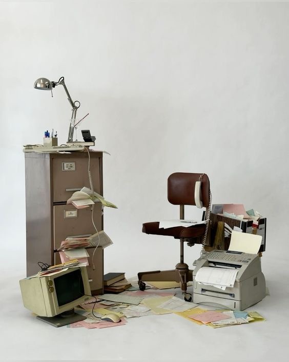Et rotete kontor med papirer overalt